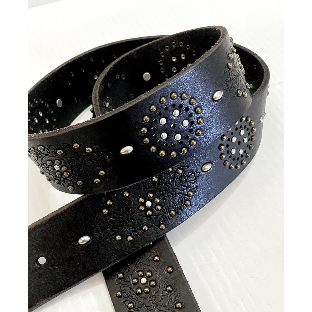 Lucky Brand Wide Black Leather Belt Studded, Embossed, Cutout Punched Accents